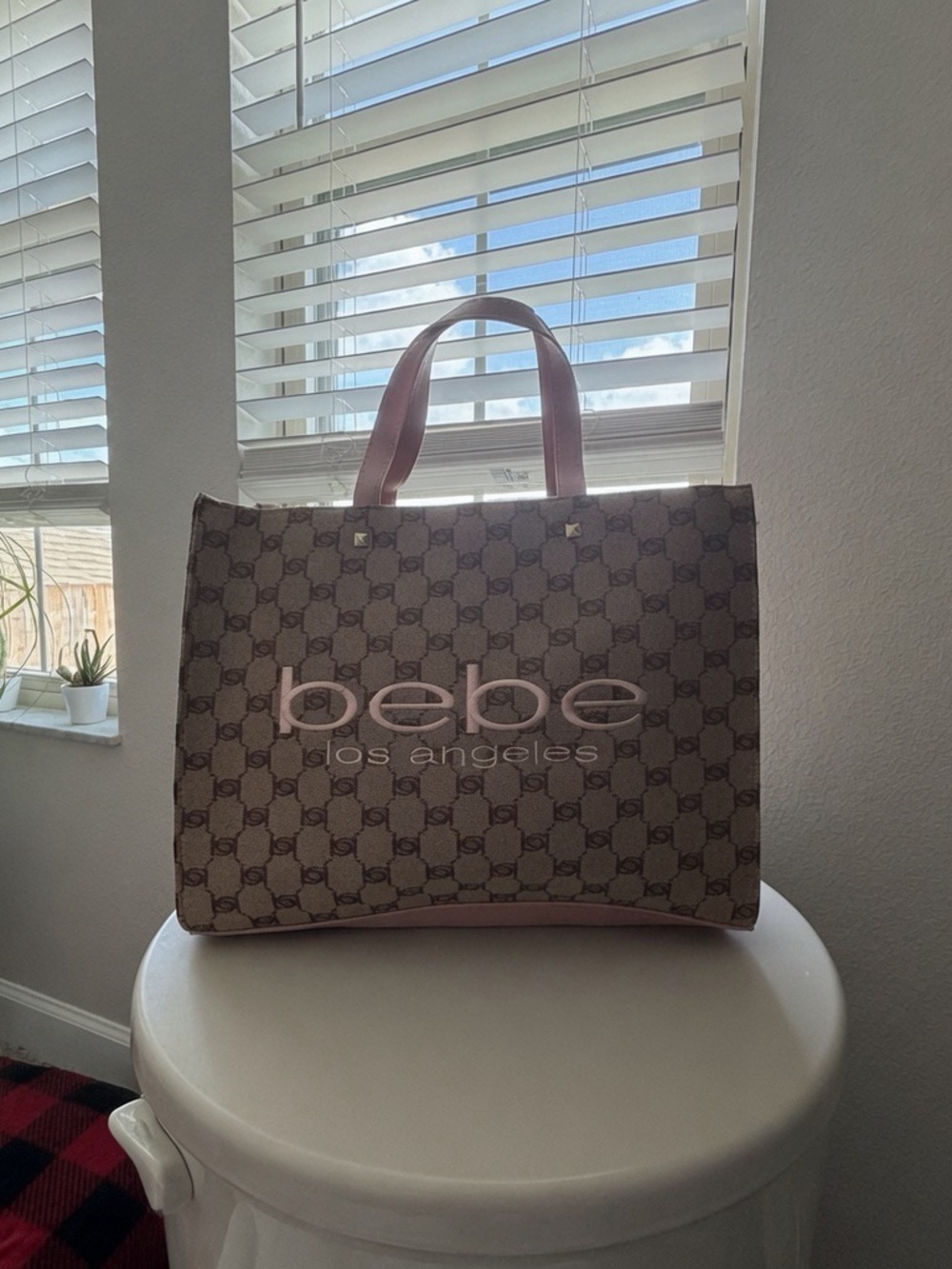 Bebe Tatulla Jacquard Tote Bag Brown Pink Monogram Large New With Tags